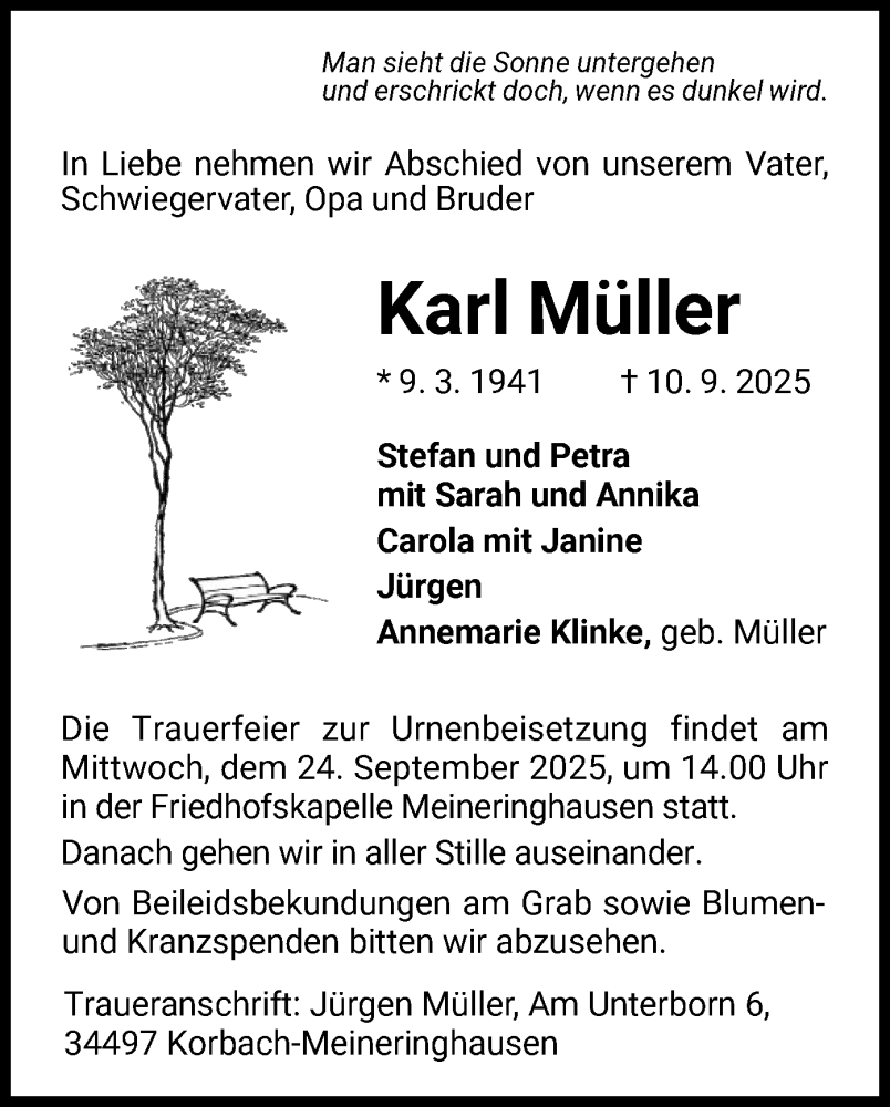  Traueranzeige für Karl Müller vom 20.09.2025 aus WLZ