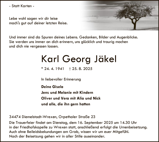 Traueranzeige von Karl Georg Jäkel von WLZ
