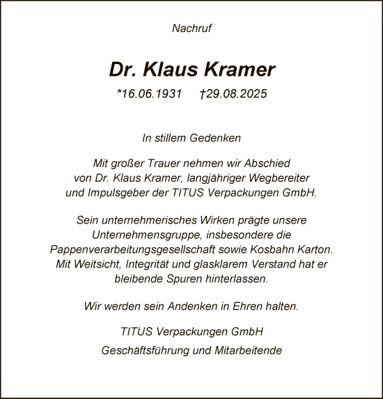 Traueranzeige von Klaus Kramer von WLZ