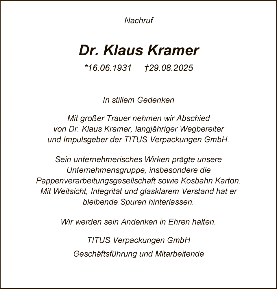  Traueranzeige für Klaus Kramer vom 03.09.2025 aus WLZ