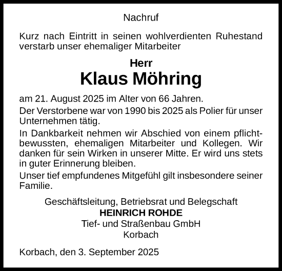 Traueranzeige von Klaus Möhring von WLZ