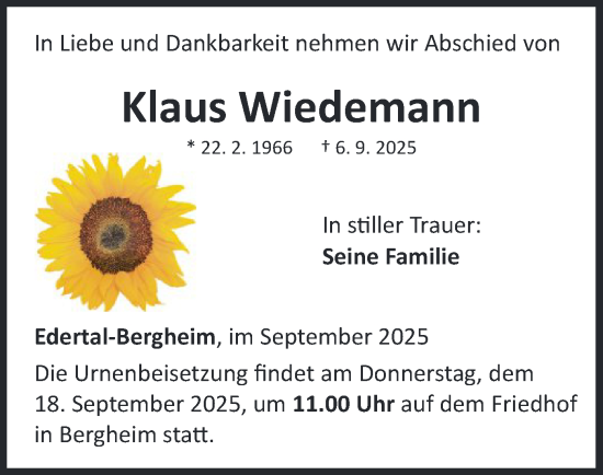 Traueranzeige von Klaus Wiedemann von WLZ