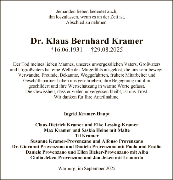 Traueranzeige von Klaus Bernhard Kramer von WLZ