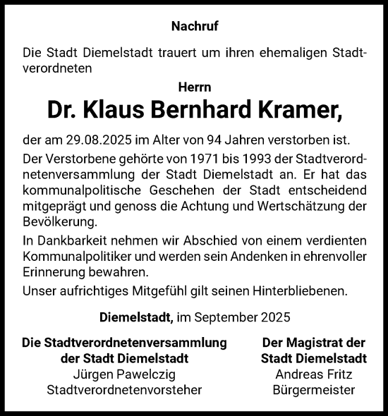 Traueranzeige von Klaus Bernhard Kramer von WLZ