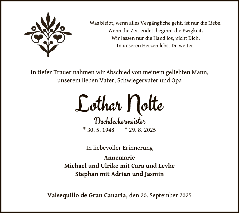  Traueranzeige für Lothar Nolte vom 20.09.2025 aus WLZ