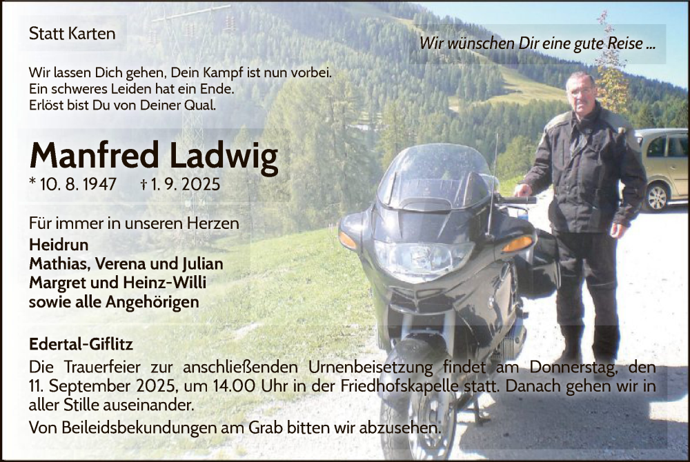  Traueranzeige für Manfred Ladwig vom 06.09.2025 aus WLZ