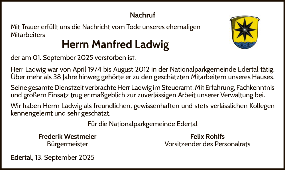  Traueranzeige für Manfred Ladwig vom 13.09.2025 aus WLZ