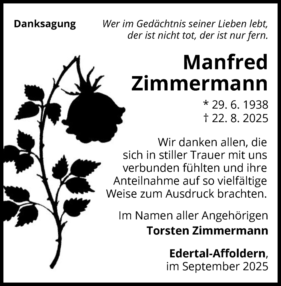  Traueranzeige für Manfred Zimmermann vom 20.09.2025 aus WLZ