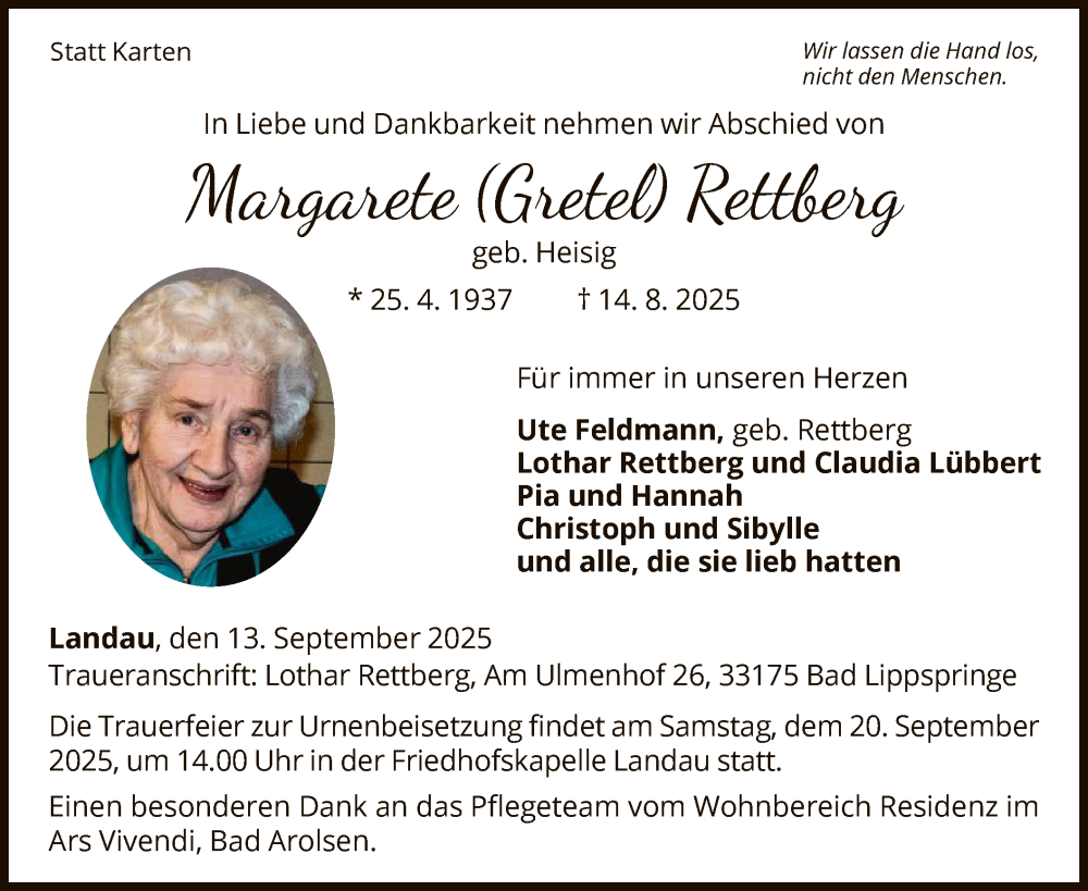  Traueranzeige für Margarete Rettberg vom 13.09.2025 aus WLZ