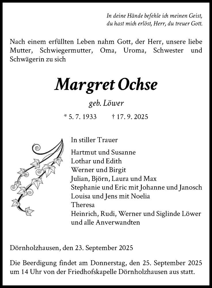  Traueranzeige für Margret Ochse vom 23.09.2025 aus HNAWLZ