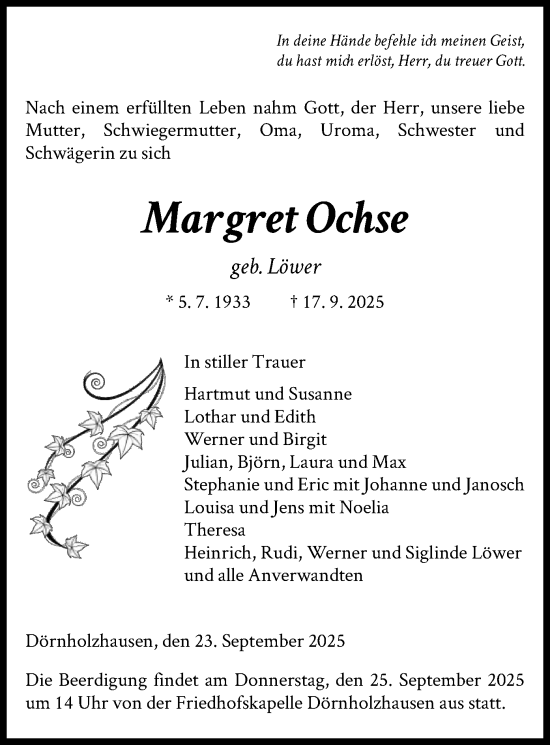 Traueranzeige von Margret Ochse von HNAWLZ