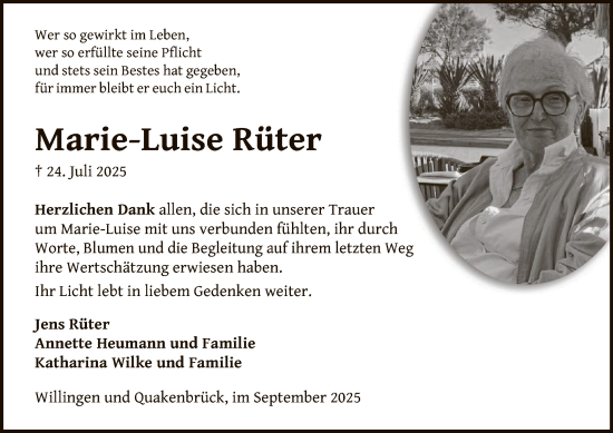 Traueranzeige von Marie-Luise Rüter von WLZ