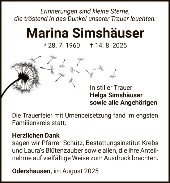 Traueranzeige von Marina Simshäuser von WLZ