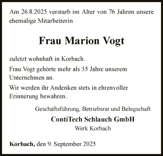 Traueranzeige von Marion Vogt von WLZ