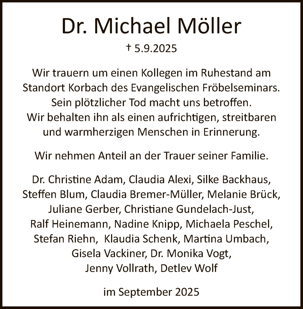  Traueranzeige für Michael Möller vom 27.09.2025 aus HNAWLZ