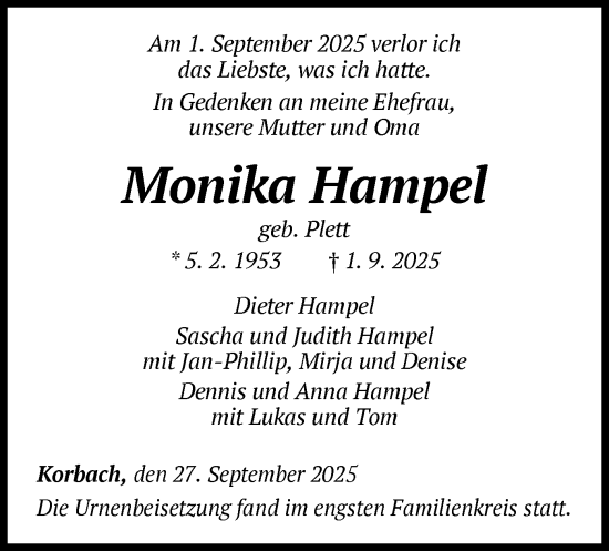 Traueranzeige von Monika Hampel von WLZ