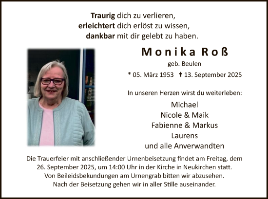 Traueranzeige von Monika Roß von WLZ