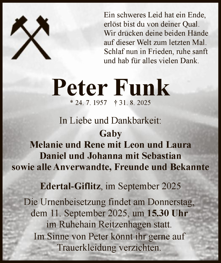  Traueranzeige für Peter Funk vom 06.09.2025 aus WLZ