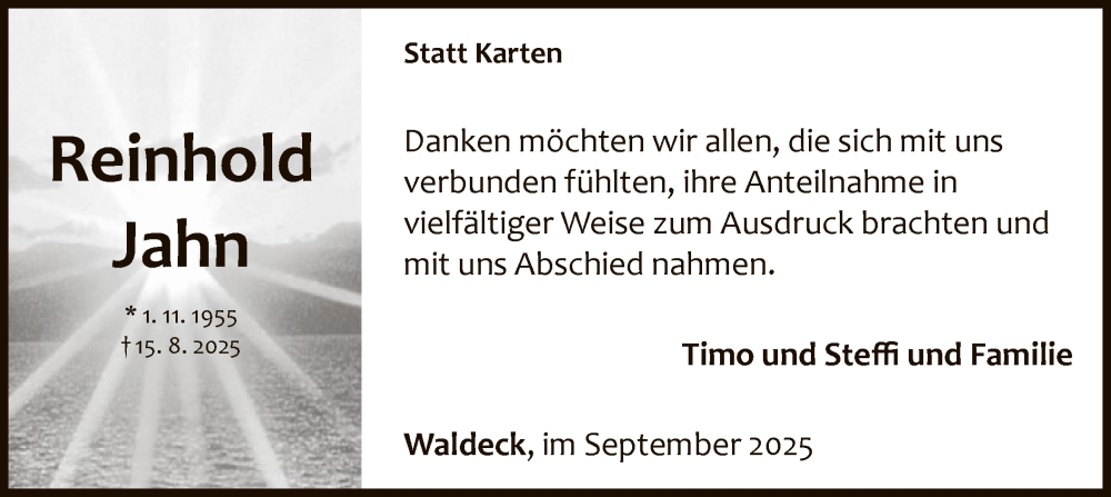  Traueranzeige für Reinhold Jahn vom 06.09.2025 aus WLZ
