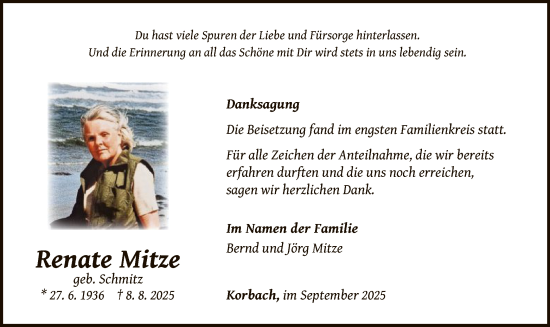 Traueranzeige von Renate Mitze von WLZ