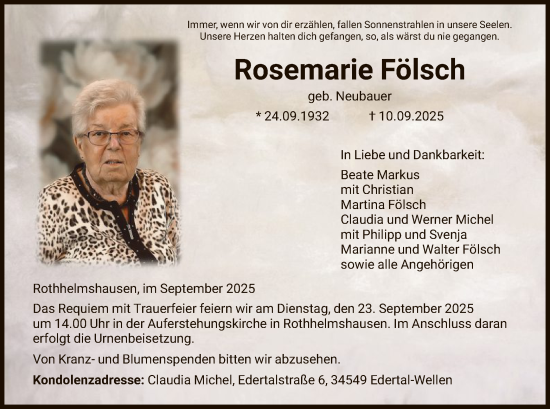 Traueranzeige von Rosemarie Fölsch von HNAWLZ