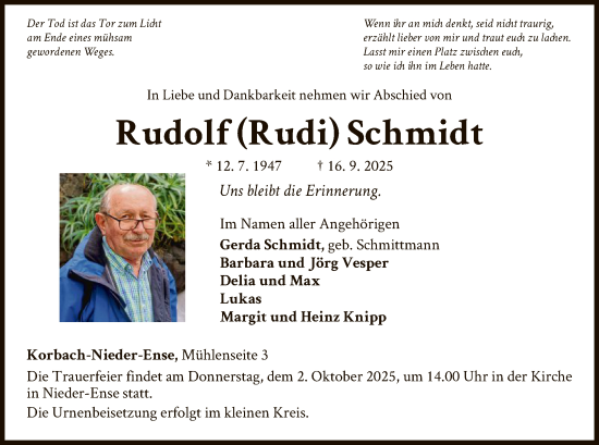 Traueranzeige von Rudolf Schmidt von WLZ