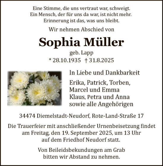 Traueranzeige von Sophia Müller von WLZ