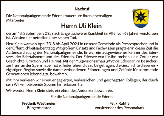 Traueranzeige von Uli Klein von WLZ