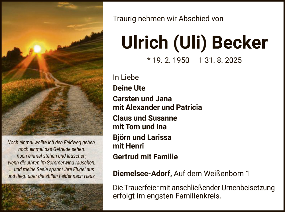  Traueranzeige für Ulrich Becker vom 06.09.2025 aus WLZ