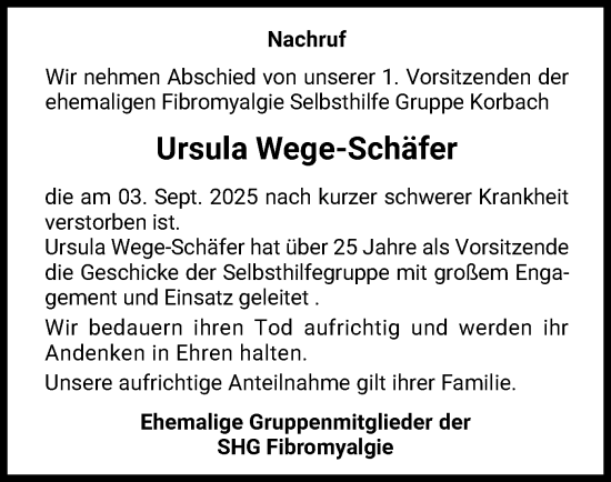 Traueranzeige von Ursula Wege-Schäfer von WLZ