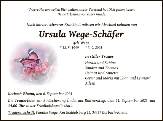 Traueranzeige von Ursula Wege-Schäfer von WLZ