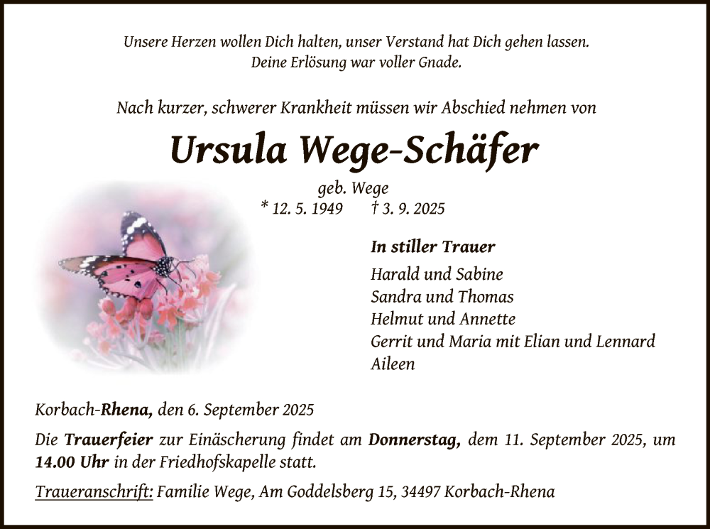  Traueranzeige für Ursula Wege-Schäfer vom 06.09.2025 aus WLZ