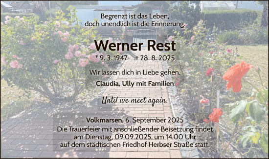 Traueranzeige von Werner Rest von WLZ