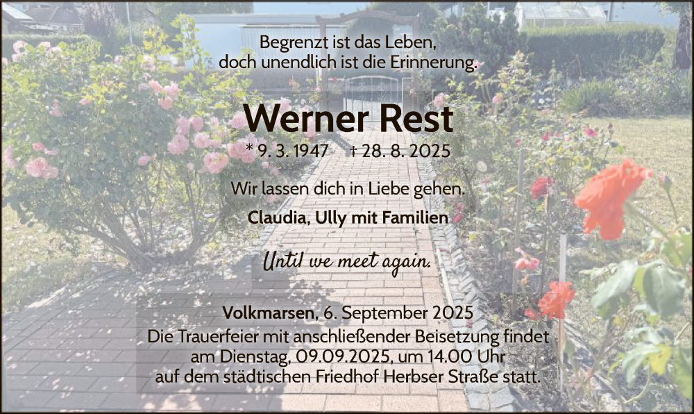  Traueranzeige für Werner Rest vom 06.09.2025 aus WLZ