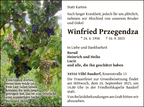 Traueranzeige von Winfried Przegendza von WLZ