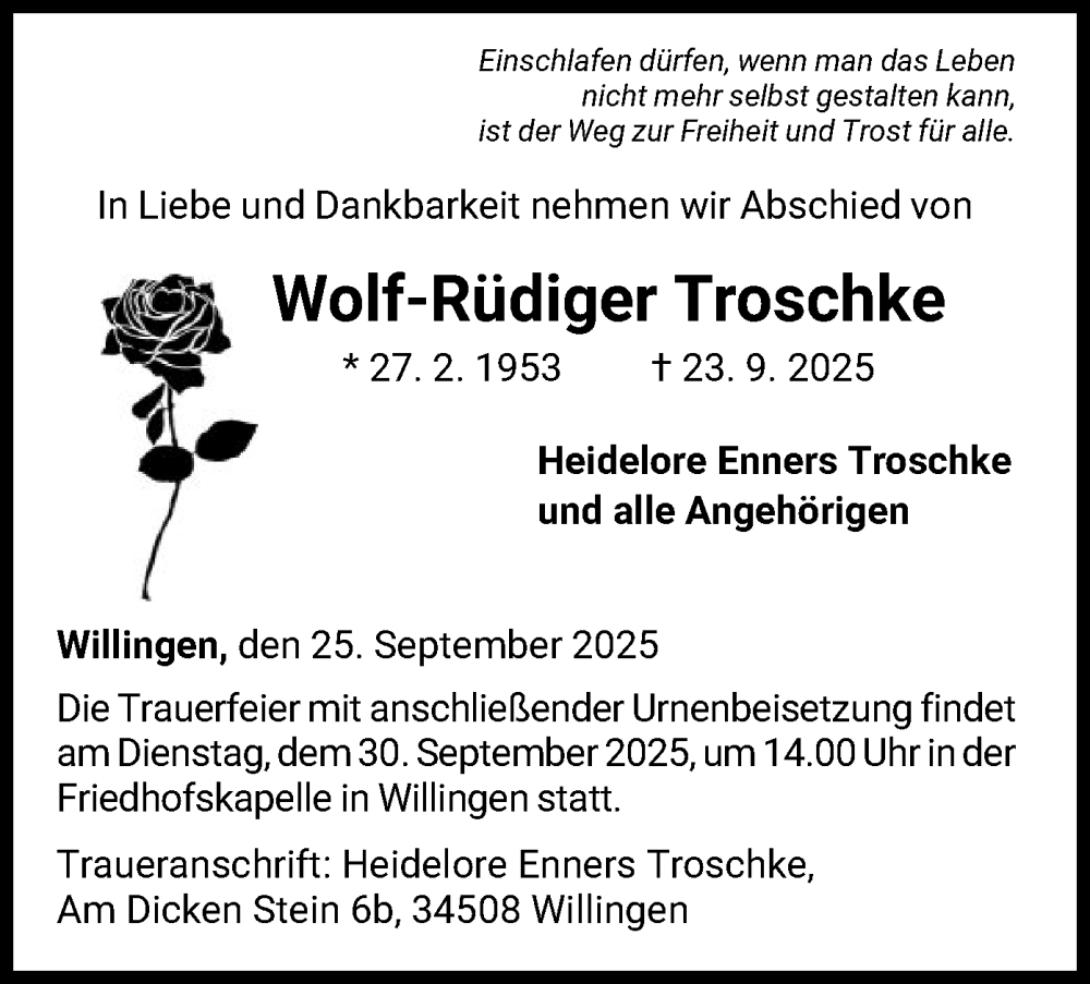  Traueranzeige für Wolf-Rüdiger Troschke vom 25.09.2025 aus WLZ
