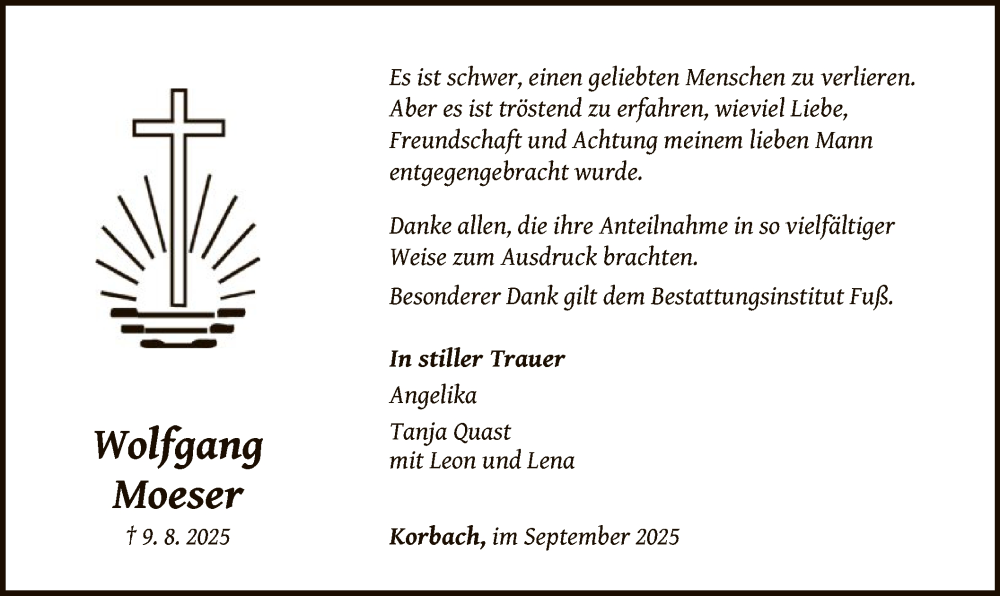  Traueranzeige für Wolfgang Moeser vom 06.09.2025 aus WLZ