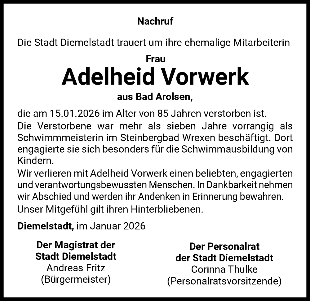 Traueranzeige für Adelheid Vorwerk vom 30.01.2026 aus WLZ