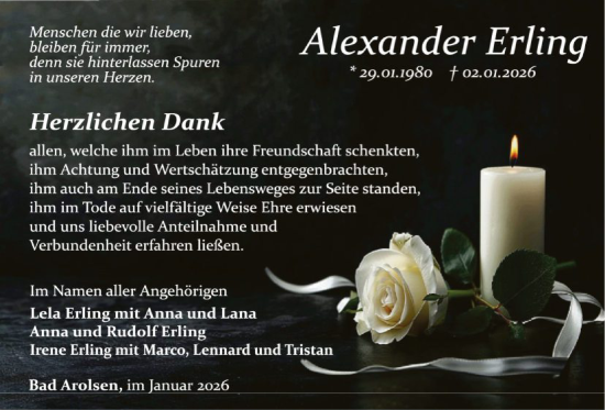 Traueranzeige von Alexander Erling von WLZ