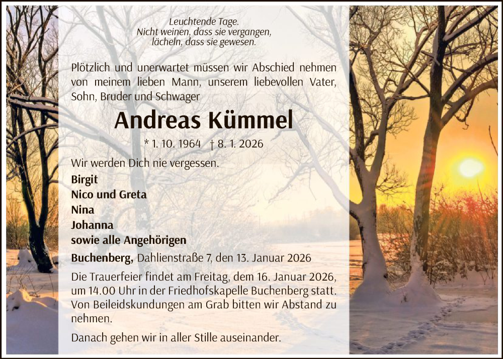  Traueranzeige für Andreas Kümmel vom 13.01.2026 aus WLZ