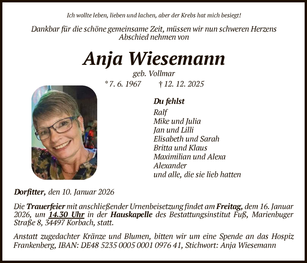  Traueranzeige für Anja Wiesemann vom 10.01.2026 aus WLZ