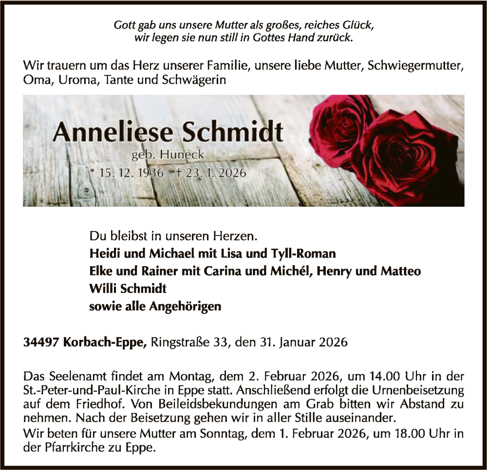  Traueranzeige für Anneliese Schmidt vom 31.01.2026 aus WLZ