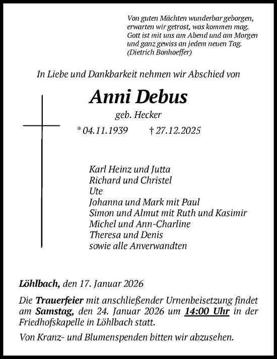 Traueranzeige von Anni Debus von HNAWLZ