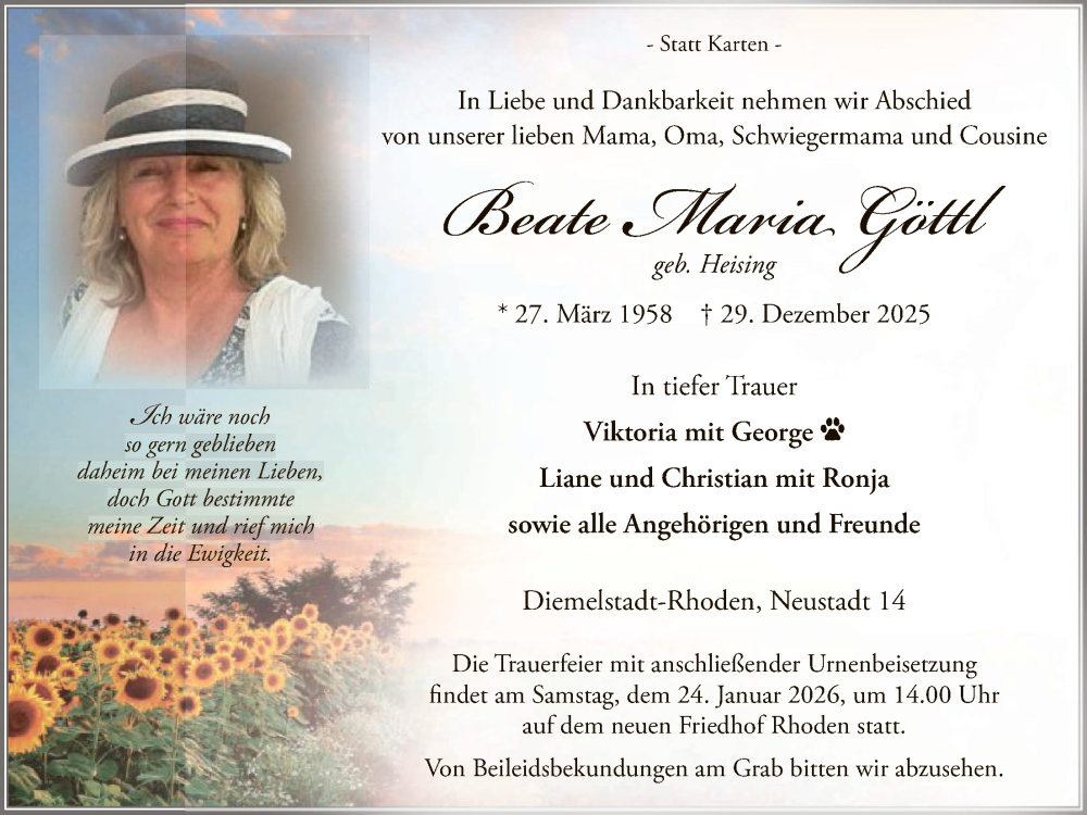  Traueranzeige für Beate Maria Göttl vom 10.01.2026 aus WLZ