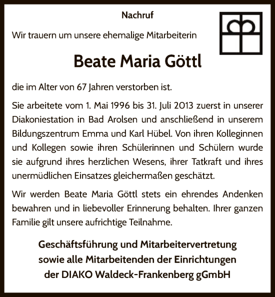 Traueranzeige von Beate Maria Göttl von WLZ