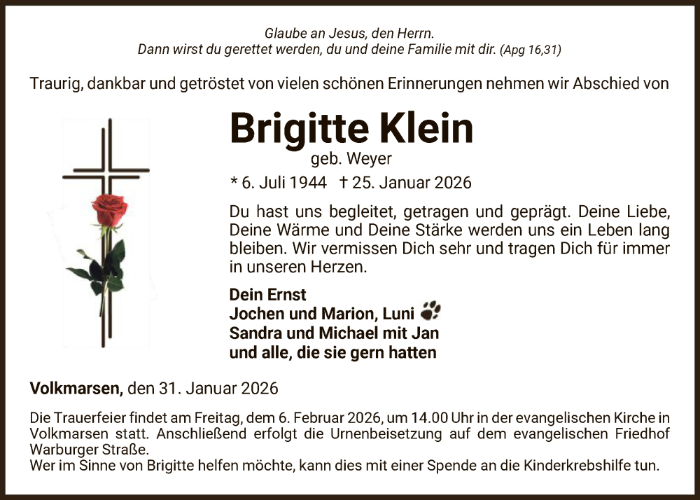  Traueranzeige für Brigitte Klein vom 31.01.2026 aus WLZHNA