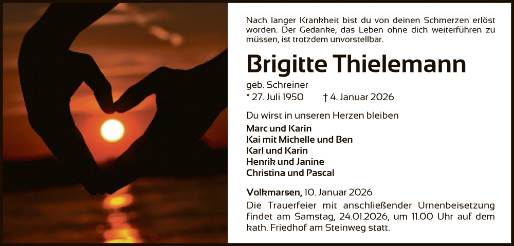  Traueranzeige für Brigitte Thielemann vom 10.01.2026 aus WLZ