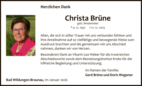 Traueranzeige von Christa Brüne von WLZ