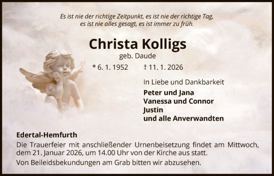 Traueranzeige von Christa Kolligs von WLZ