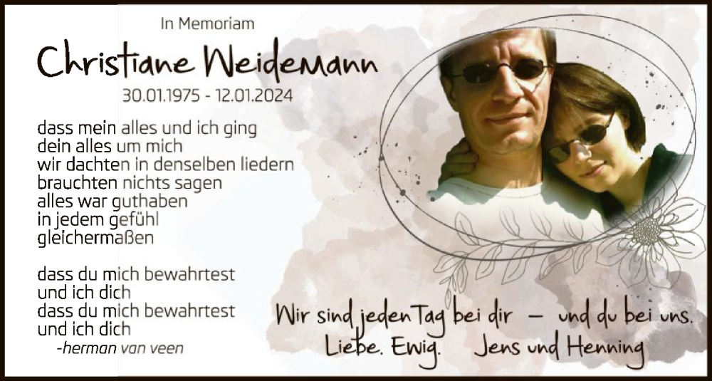  Traueranzeige für Christiane Weidemann vom 12.01.2026 aus WLZ
